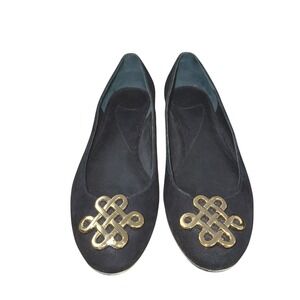 Diane von Furstenberg (DVF) Black Suede Ballet Flats Gold‎ Medallion Womens 7.5M